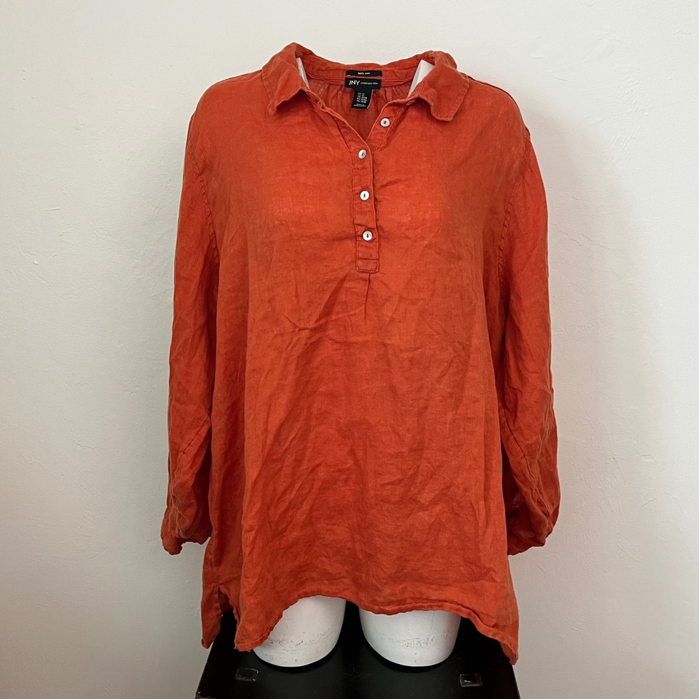 Jones New York JNY Burnt Orange 100% Linen Henley Tunic Top Plus Size 3X